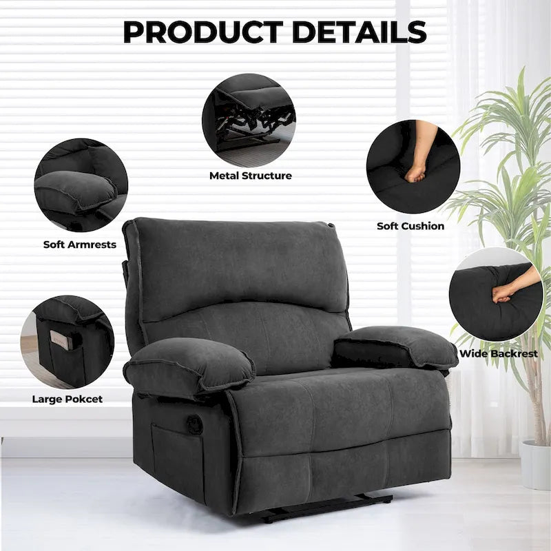 Oversized Velvet Recliner with Massage, Heating, Lumbar Pillow