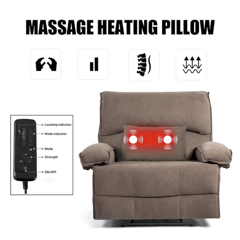 Oversized Velvet Recliner with Massage, Heating, Lumbar Pillow
