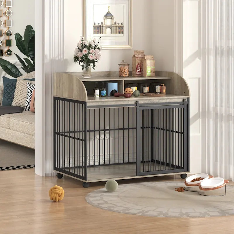 Gabbia per cani di grandi dimensioni da 44, resistente, integrabile con mobili, per cani grandi e medi, con ruote bloccabili, cuccia in legno per cani