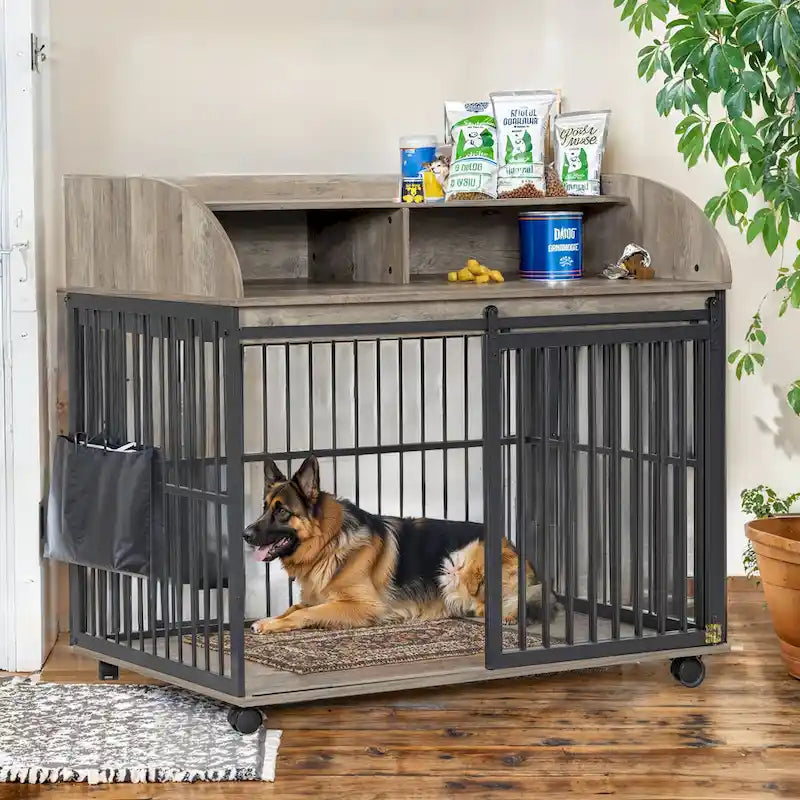 Gabbia per cani di grandi dimensioni da 44, resistente, integrabile con mobili, per cani grandi e medi, con ruote bloccabili, cuccia in legno per cani