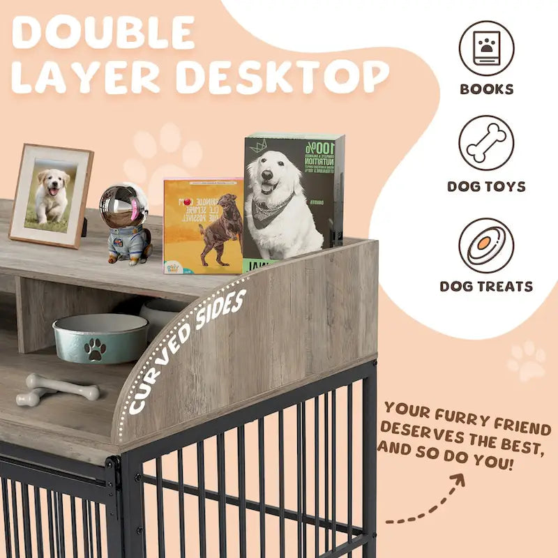 44 Heavy Duty Large Dog Crate Furniture for Large Medium Dog with Lockable Wheels, Wooden Dog Crate Dog Kennel