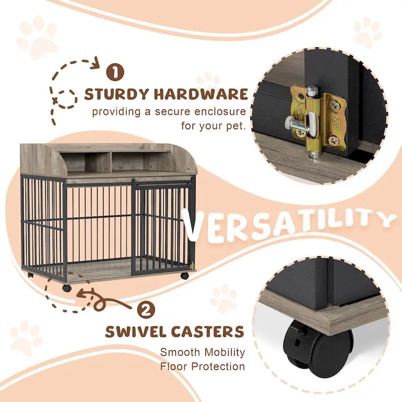 Gabbia per cani di grandi dimensioni da 44, resistente, integrabile con mobili, per cani grandi e medi, con ruote bloccabili, cuccia in legno per cani