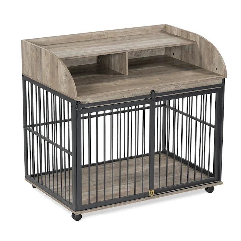 Gabbia per cani di grandi dimensioni da 44, resistente, integrabile con mobili, per cani grandi e medi, con ruote bloccabili, cuccia in legno per cani