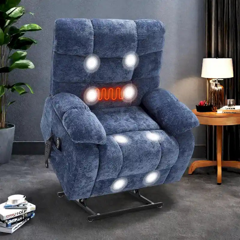 Oversized Chenille Power Lift Recliner Chair with Massage and Lumbar Heating, Charging Port, 180 Lying Flat