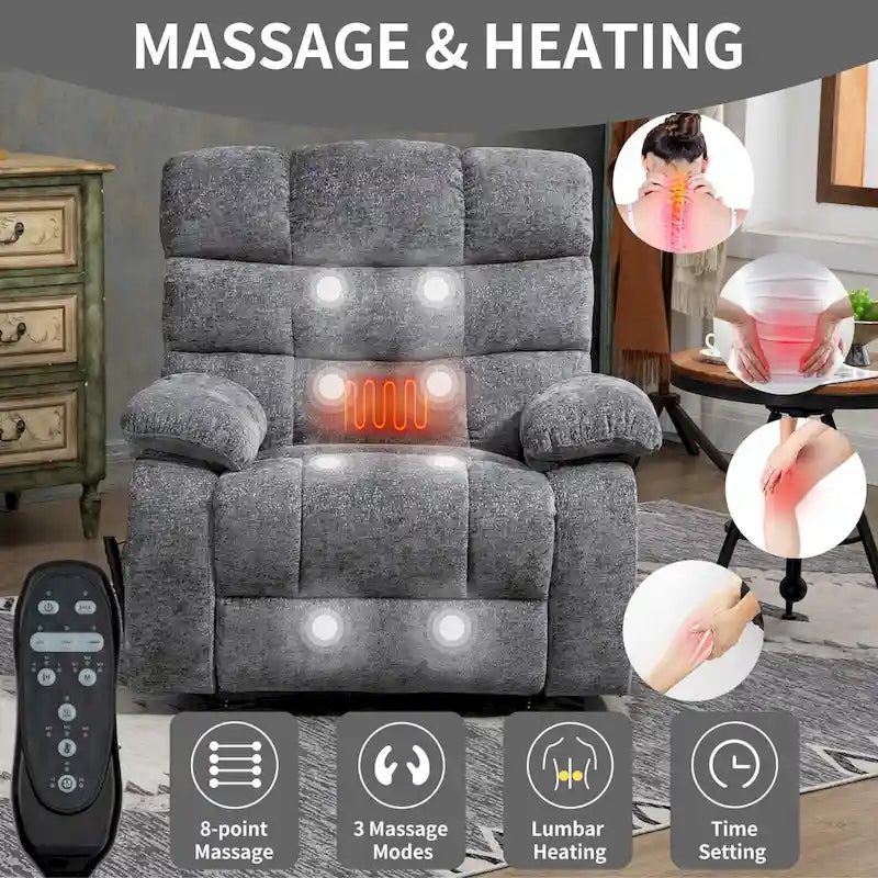 Oversized Chenille Power Lift Recliner Chair with Massage and Lumbar Heating, Charging Port, 180 Lying Flat