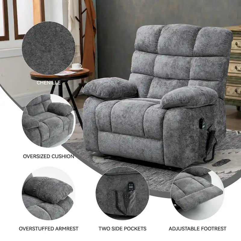 Oversized Chenille Power Lift Recliner Chair with Massage and Lumbar Heating, Charging Port, 180 Lying Flat
