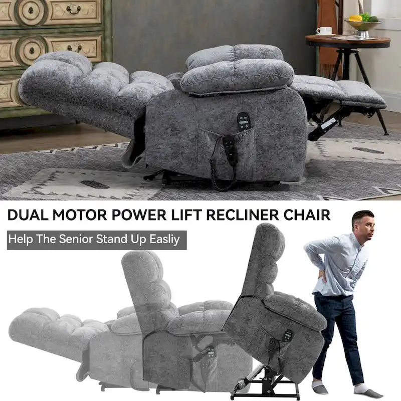Oversized Chenille Power Lift Recliner Chair with Massage and Lumbar Heating, Charging Port, 180 Lying Flat
