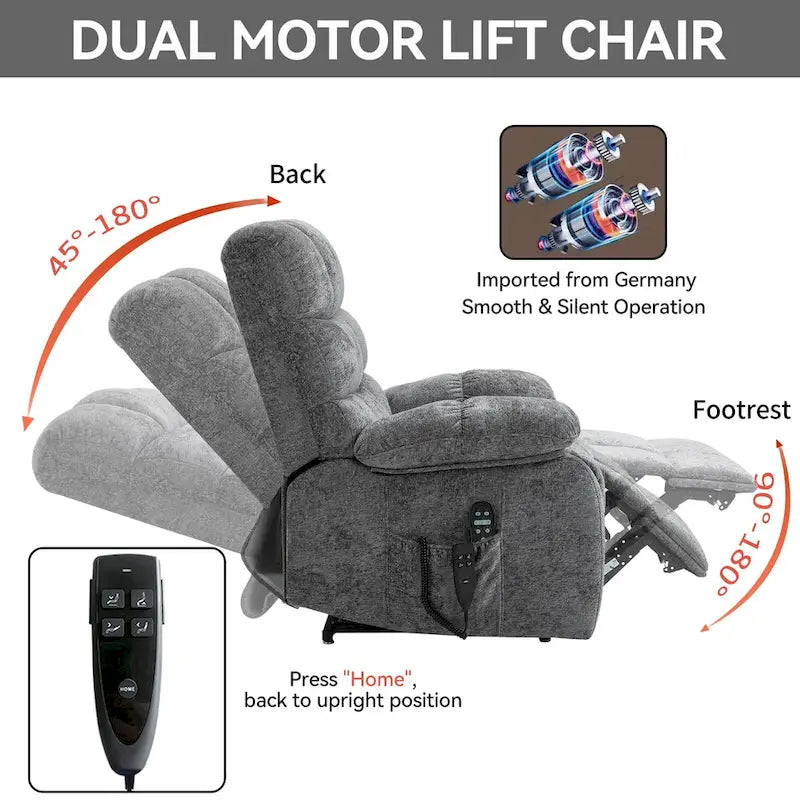 Oversized Chenille Power Lift Recliner Chair with Massage and Lumbar Heating, Charging Port, 180 Lying Flat