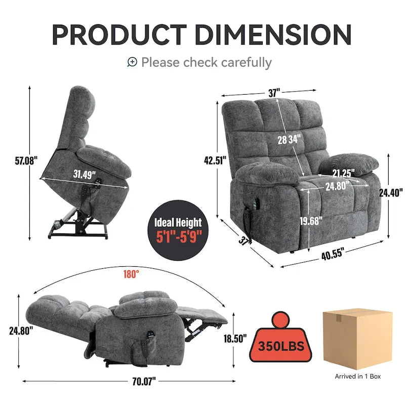 Oversized Chenille Power Lift Recliner Chair with Massage and Lumbar Heating, Charging Port, 180 Lying Flat