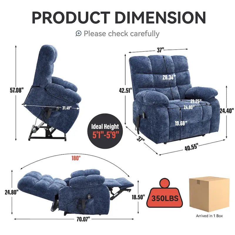 Oversized Chenille Power Lift Recliner Chair with Massage and Lumbar Heating, Charging Port, 180 Lying Flat
