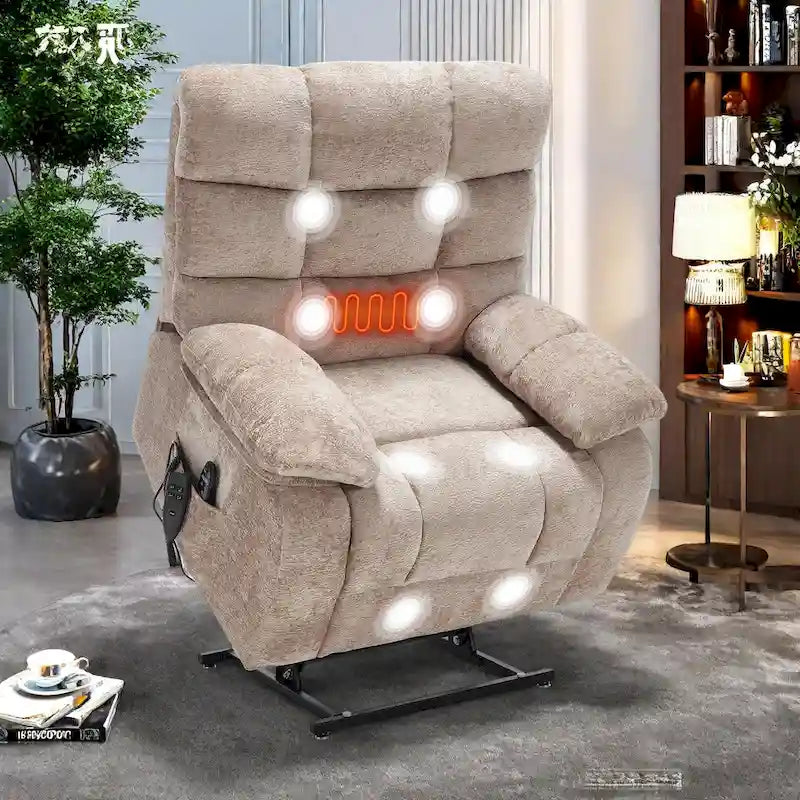 Oversized Chenille Power Lift Recliner Chair with Massage and Lumbar Heating, Charging Port, 180 Lying Flat