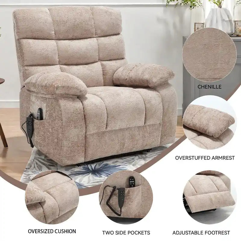Oversized Chenille Power Lift Recliner Chair with Massage and Lumbar Heating, Charging Port, 180 Lying Flat