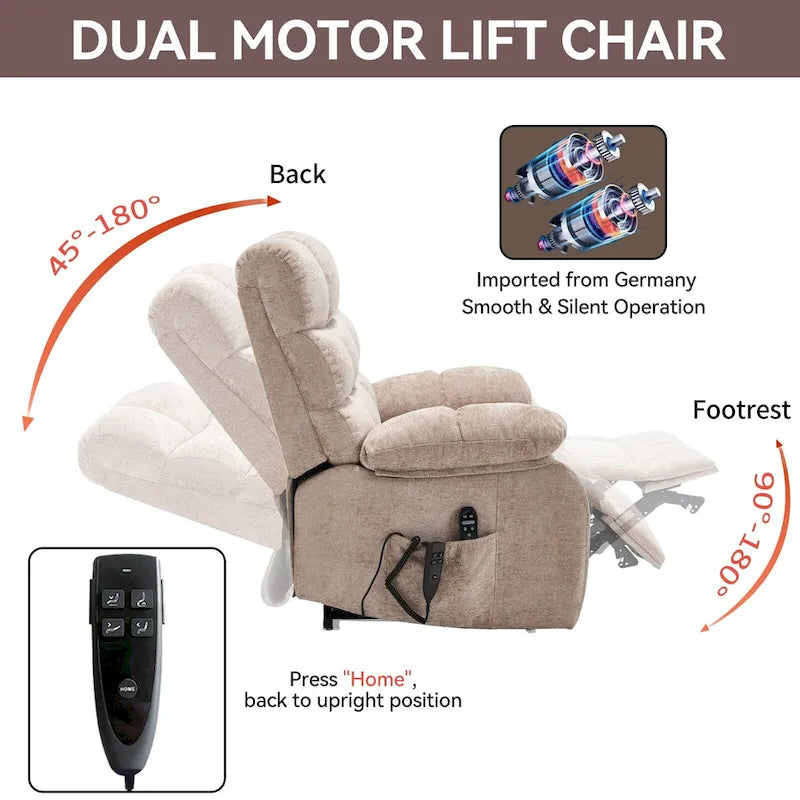 Oversized Chenille Power Lift Recliner Chair with Massage and Lumbar Heating, Charging Port, 180 Lying Flat