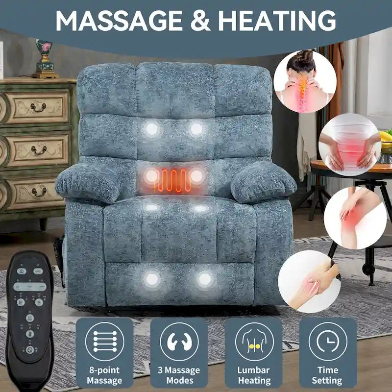 Oversized Chenille Power Lift Recliner Chair with Massage and Lumbar Heating, Charging Port, 180 Lying Flat