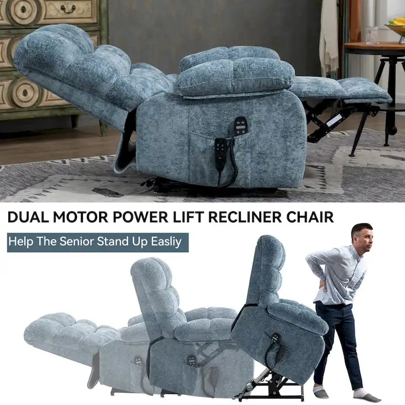 Oversized Chenille Power Lift Recliner Chair with Massage and Lumbar Heating, Charging Port, 180 Lying Flat