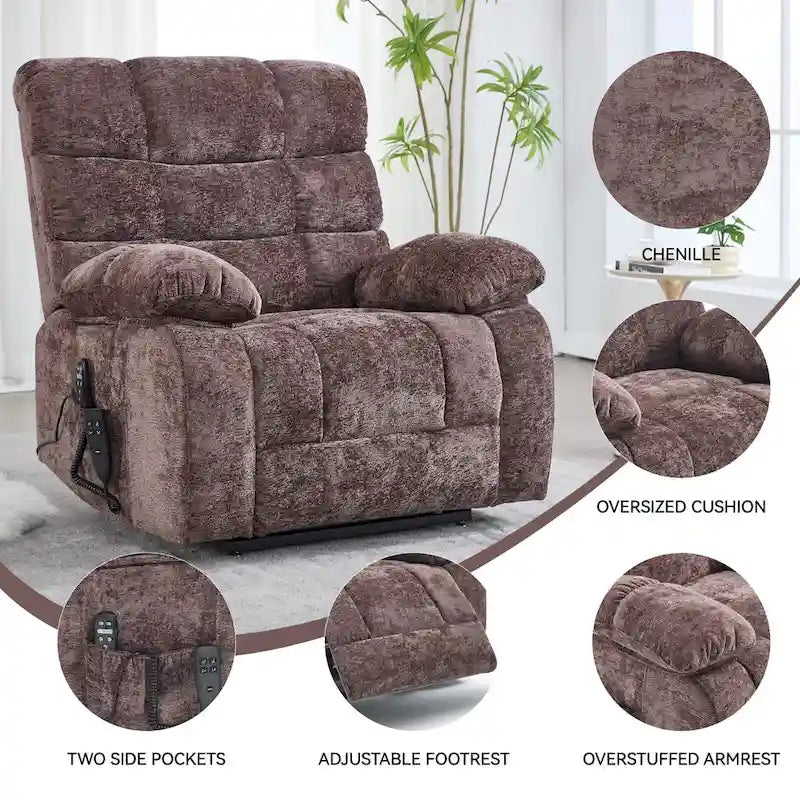 Oversized Chenille Power Lift Recliner Chair with Massage and Lumbar Heating, Charging Port, 180 Lying Flat