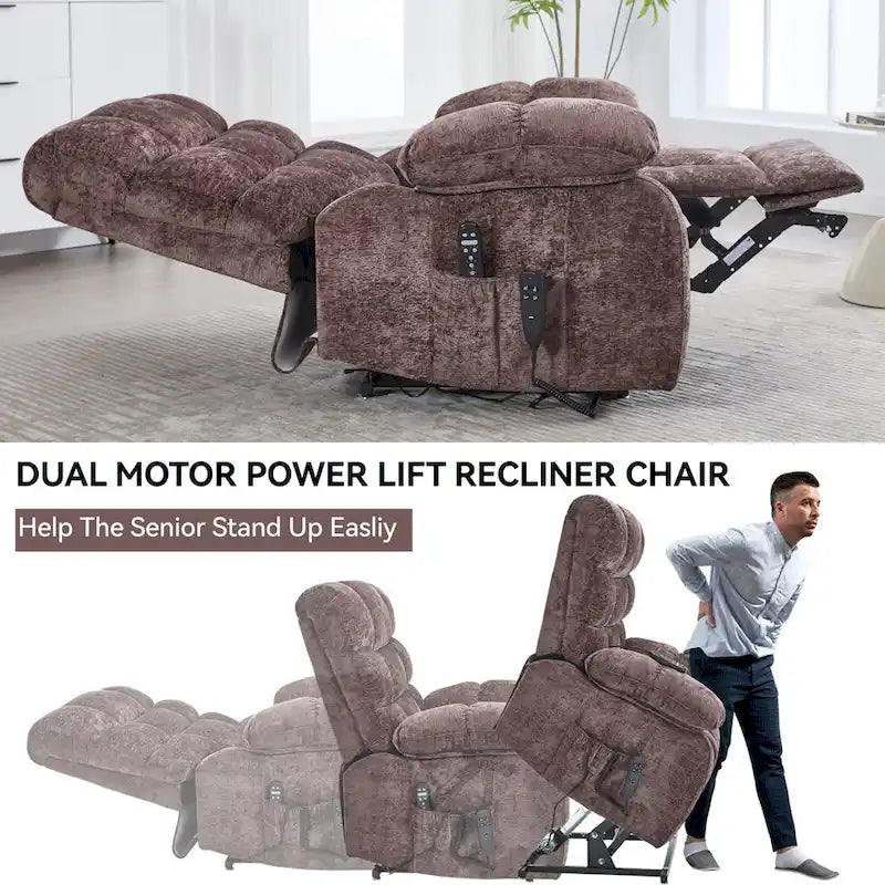 Oversized Chenille Power Lift Recliner Chair with Massage and Lumbar Heating, Charging Port, 180 Lying Flat