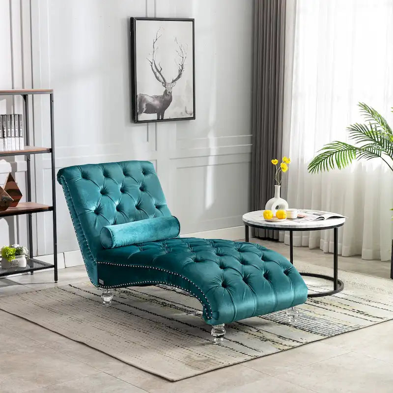 Velvet Tufted Chaise Lounge Chair Ergonomic S Shape Recliner with Pillow, Nailhead Trim and Acrylic Legs for Indoor Use