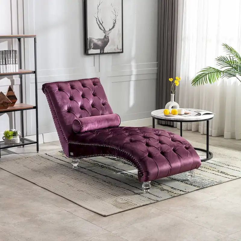 Velvet Tufted Chaise Lounge Chair Ergonomic S Shape Recliner with Pillow, Nailhead Trim and Acrylic Legs for Indoor Use