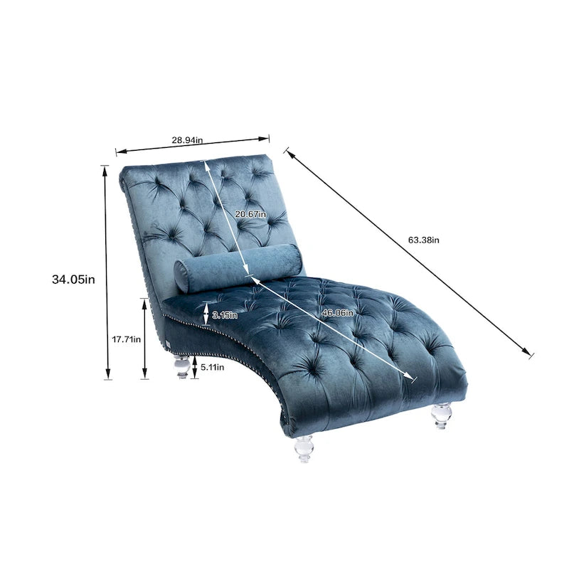 Velvet Tufted Chaise Lounge Chair Ergonomic S Shape Recliner with Pillow, Nailhead Trim and Acrylic Legs for Indoor Use