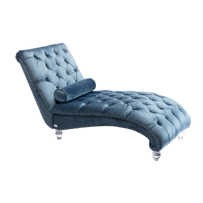 Velvet Tufted Chaise Lounge Chair Ergonomic S Shape Recliner with Pillow, Nailhead Trim and Acrylic Legs for Indoor Use
