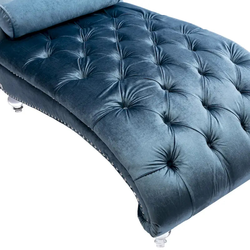 Velvet Tufted Chaise Lounge Chair Ergonomic S Shape Recliner with Pillow, Nailhead Trim and Acrylic Legs for Indoor Use