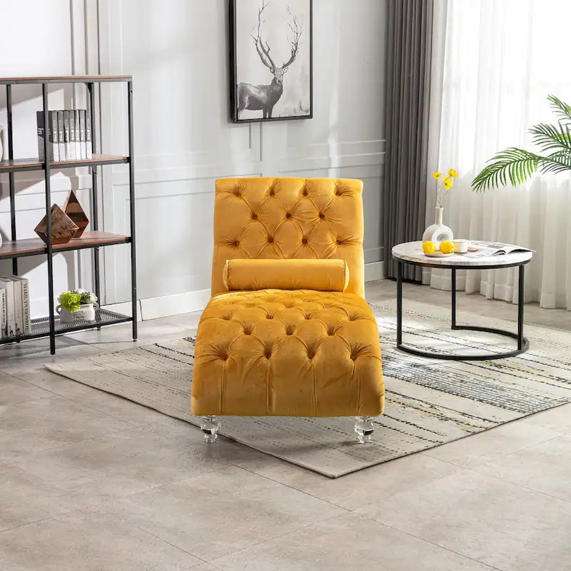 Velvet Tufted Chaise Lounge Chair Ergonomic S Shape Recliner with Pillow, Nailhead Trim and Acrylic Legs for Indoor Use