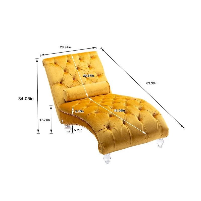 Velvet Tufted Chaise Lounge Chair Ergonomic S Shape Recliner with Pillow, Nailhead Trim and Acrylic Legs for Indoor Use