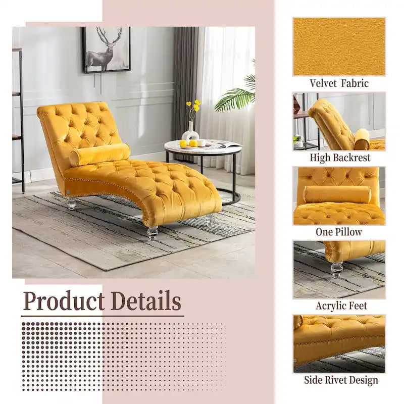 Velvet Tufted Chaise Lounge Chair Ergonomic S Shape Recliner with Pillow, Nailhead Trim and Acrylic Legs for Indoor Use