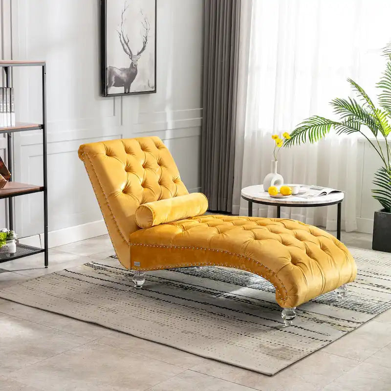 Velvet Tufted Chaise Lounge Chair Ergonomic S Shape Recliner with Pillow, Nailhead Trim and Acrylic Legs for Indoor Use