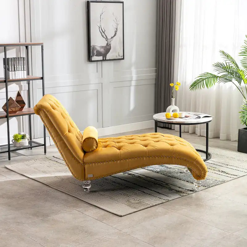 Velvet Tufted Chaise Lounge Chair Ergonomic S Shape Recliner with Pillow, Nailhead Trim and Acrylic Legs for Indoor Use