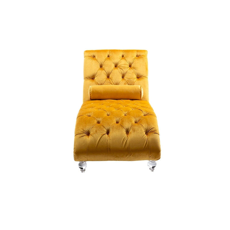 Velvet Tufted Chaise Lounge Chair Ergonomic S Shape Recliner with Pillow, Nailhead Trim and Acrylic Legs for Indoor Use