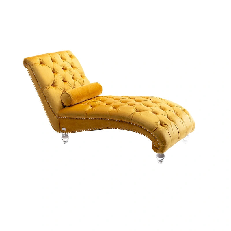 Velvet Tufted Chaise Lounge Chair Ergonomic S Shape Recliner with Pillow, Nailhead Trim and Acrylic Legs for Indoor Use