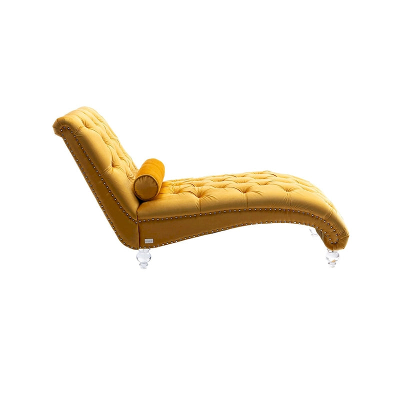 Velvet Tufted Chaise Lounge Chair Ergonomic S Shape Recliner with Pillow, Nailhead Trim and Acrylic Legs for Indoor Use