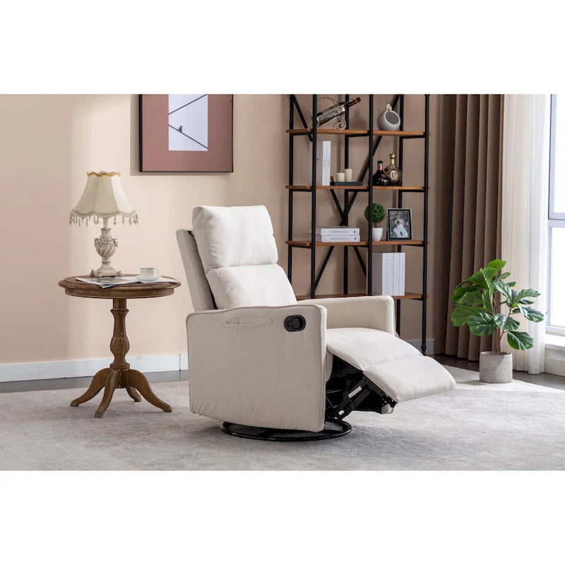 Cotton Linen Fabric Swivel Rocking Chair Glider Rocker Recliner Nursery Chair with Adjustable Back and Footrest