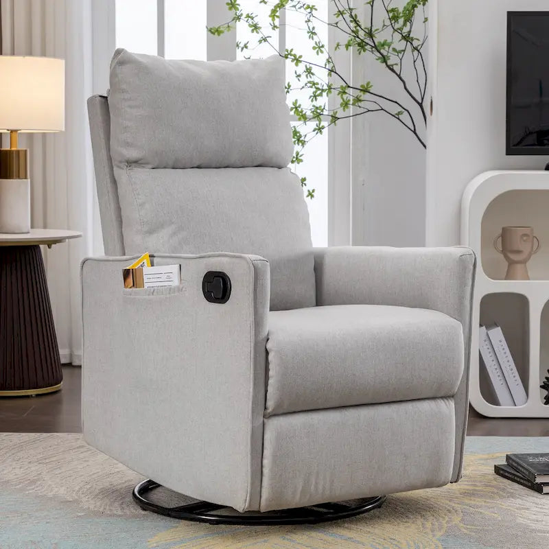 Cotton Linen Fabric Swivel Rocking Chair Glider Rocker Recliner Nursery Chair with Adjustable Back and Footrest