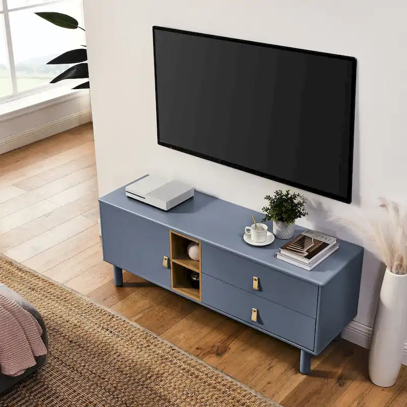 Mobile TV multifunzionale da 54.57 con maniglie in pelle, vano portaoggetti aperto e due cassetti