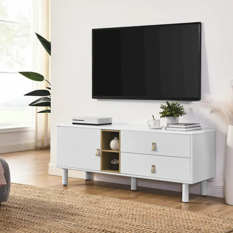 Mobile TV multifunzionale da 54.57 con maniglie in pelle, vano portaoggetti aperto e due cassetti