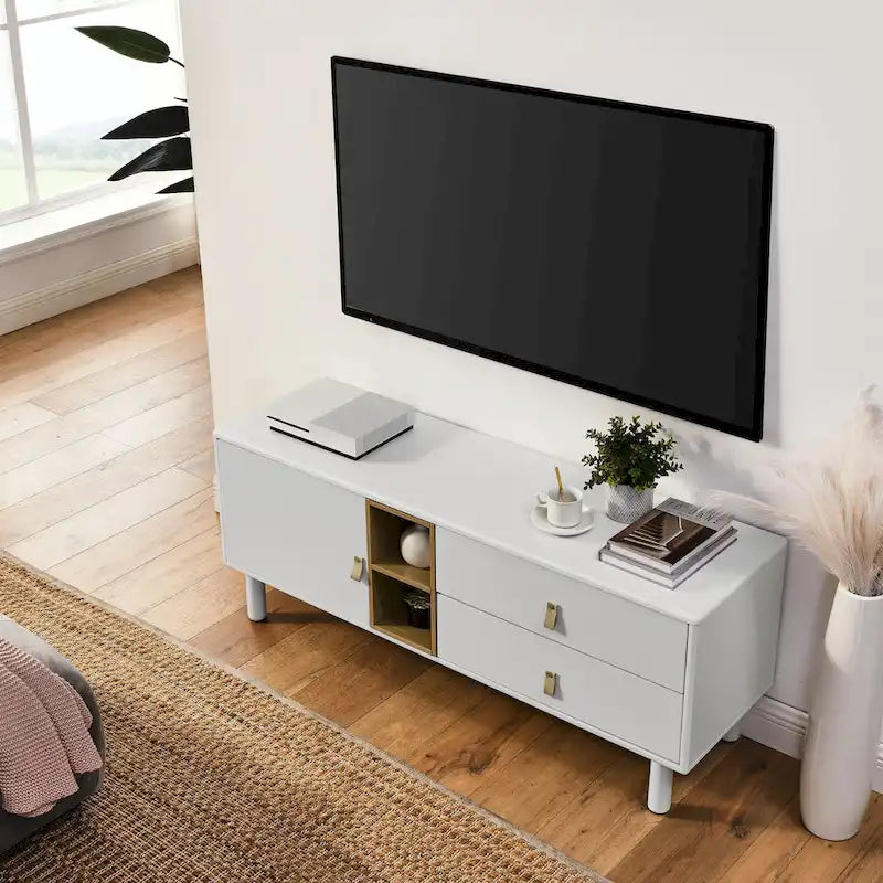 Mobile TV multifunzionale da 54.57 con maniglie in pelle, vano portaoggetti aperto e due cassetti