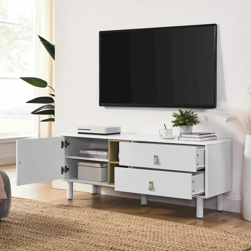 Mobile TV multifunzionale da 54.57 con maniglie in pelle, vano portaoggetti aperto e due cassetti
