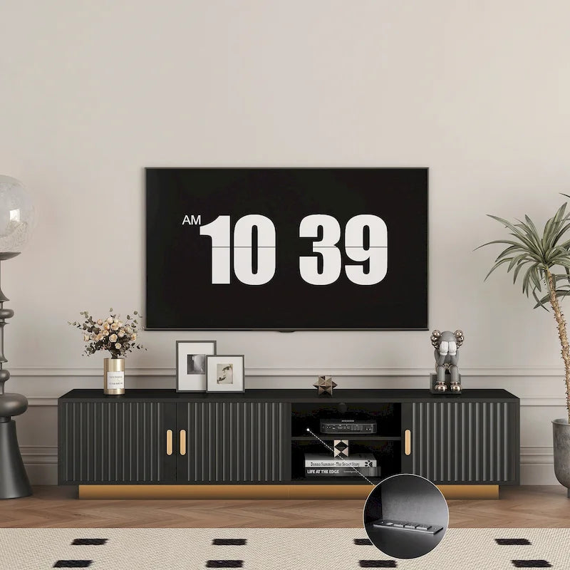 Black 65 Mid-Century TV Stand with LED Lights & Storage for TVs Up to 60