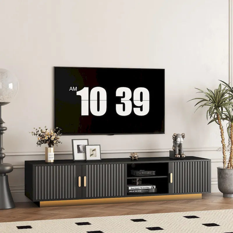 Mobile TV nero da 65 in stile metà secolo con luci LED e contenitore per TV fino a 60
