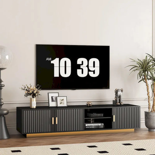 Schwarzer Mid-Century-TV-Ständer mit 65 Zoll, LED-Leuchten und Stauraum für Fernseher bis zu 60