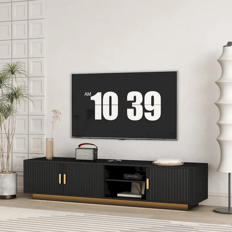 Mobile TV nero da 65 in stile metà secolo con luci LED e contenitore per TV fino a 60