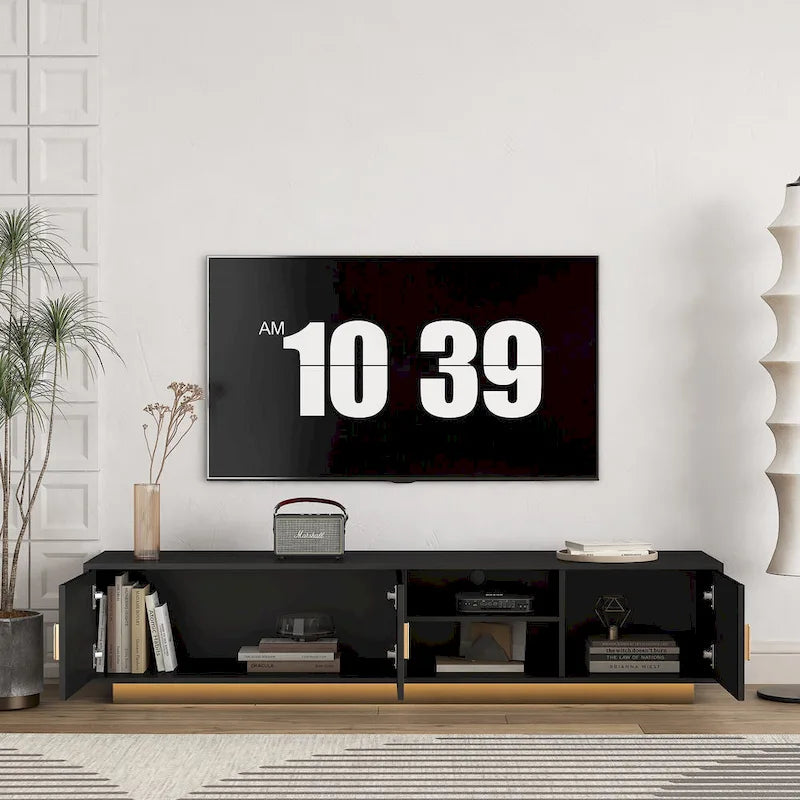 Mobile TV nero da 65 in stile metà secolo con luci LED e contenitore per TV fino a 60