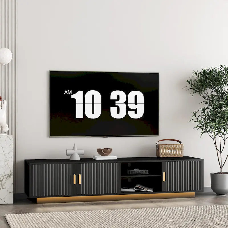 Mobile TV nero da 65 in stile metà secolo con luci LED e contenitore per TV fino a 60