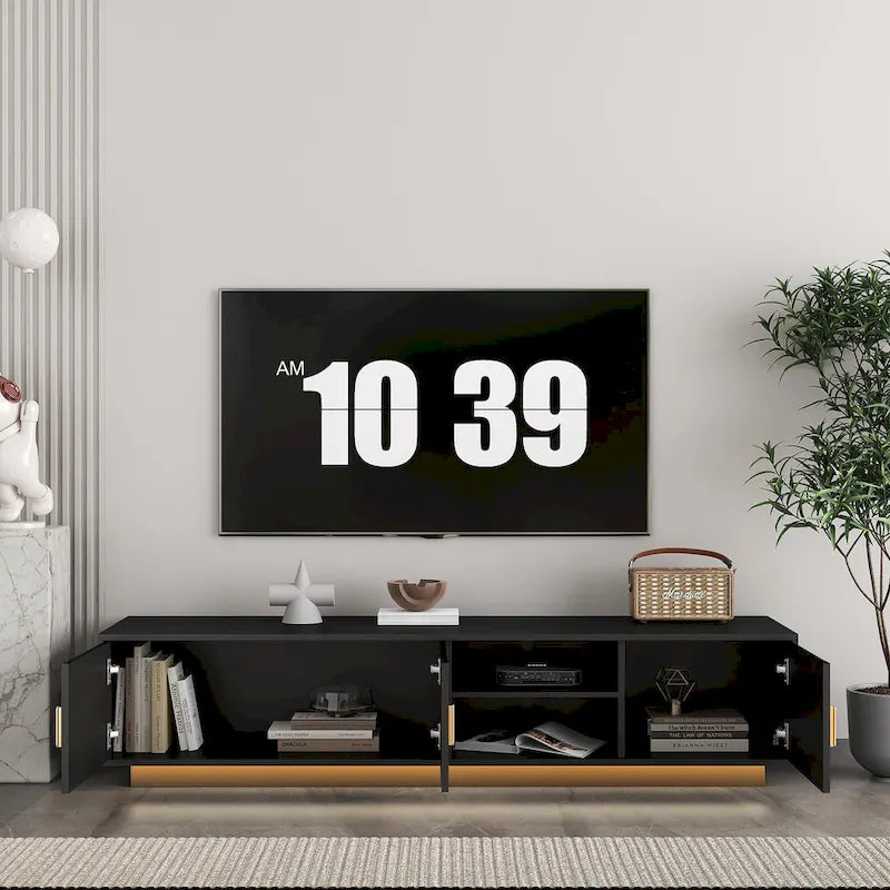 Mobile TV nero da 65 in stile metà secolo con luci LED e contenitore per TV fino a 60