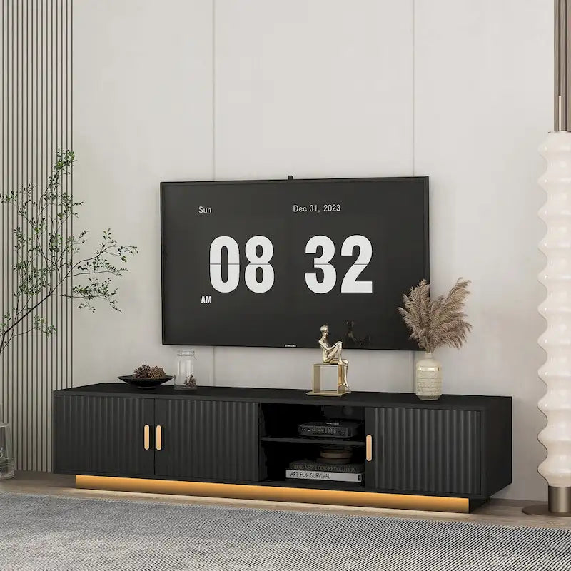 Mobile TV nero da 65 in stile metà secolo con luci LED e contenitore per TV fino a 60