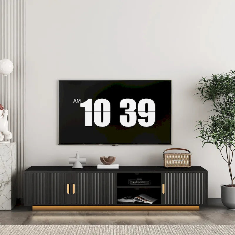 Mobile TV nero da 65 in stile metà secolo con luci LED e contenitore per TV fino a 60