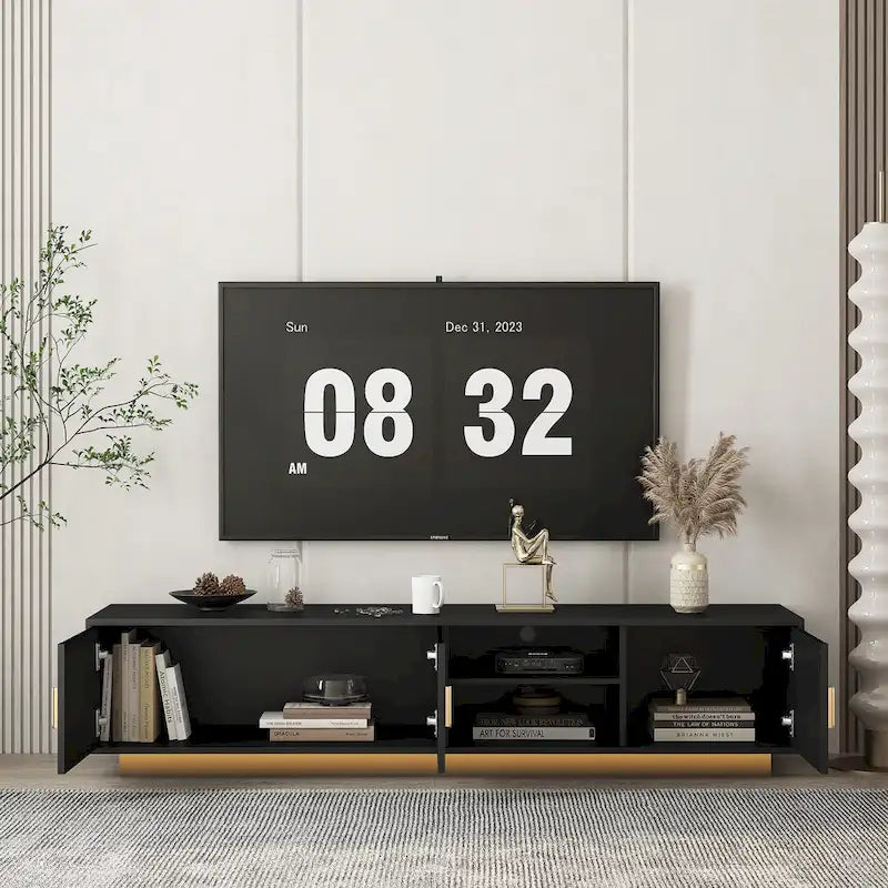 Mobile TV nero da 65 in stile metà secolo con luci LED e contenitore per TV fino a 60